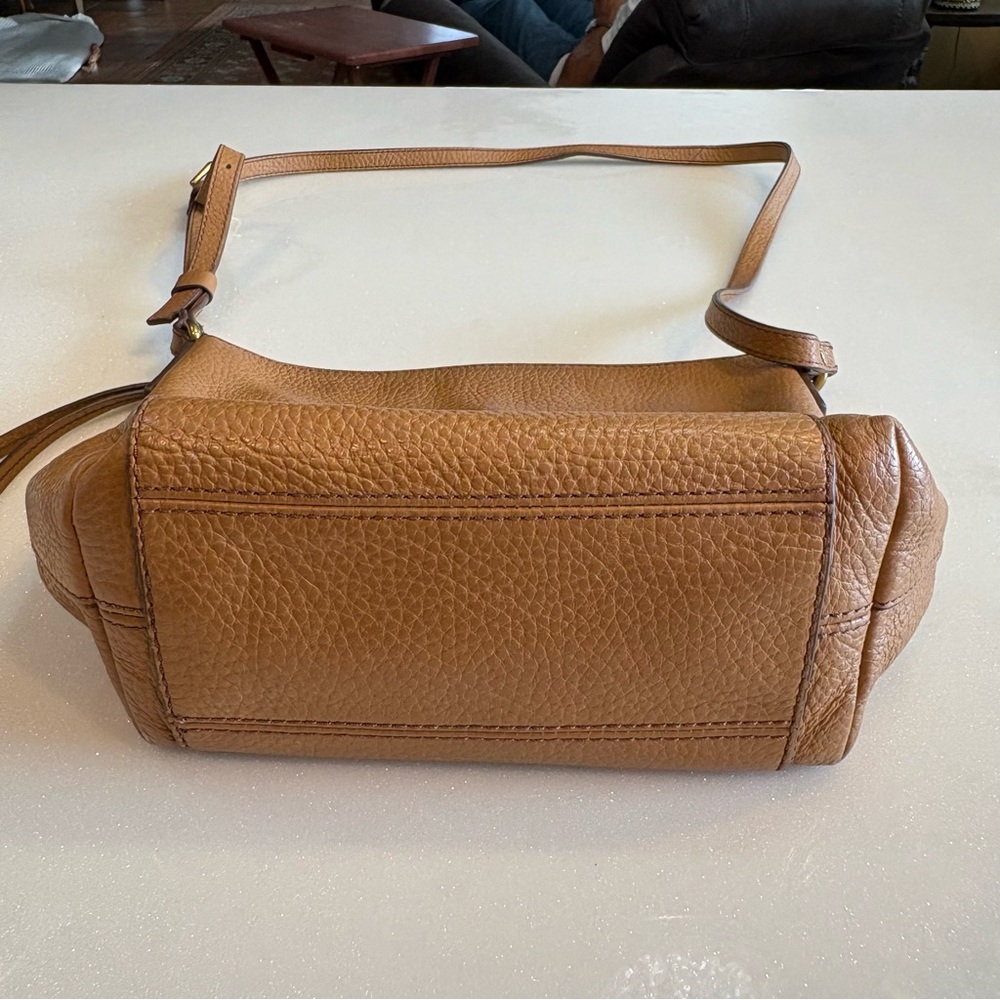 Fossil Tan Pebbled Leather Crossbody Bag  Minimalist Buckle Adjustable Strap - Picture 3 of 12